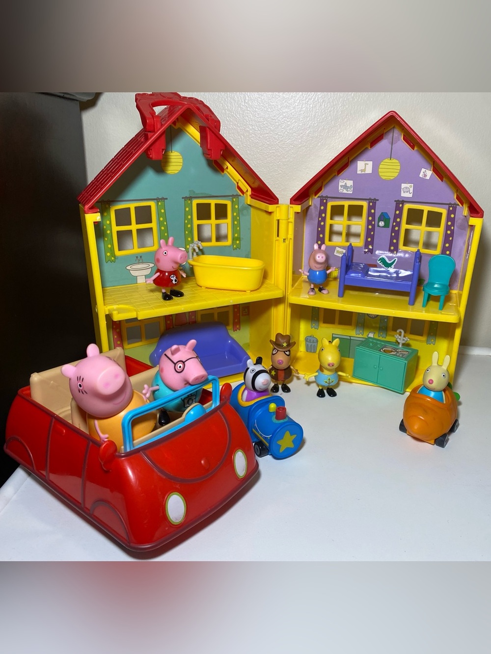 Peppa Pig Playset with Red Car and Colorful Figures